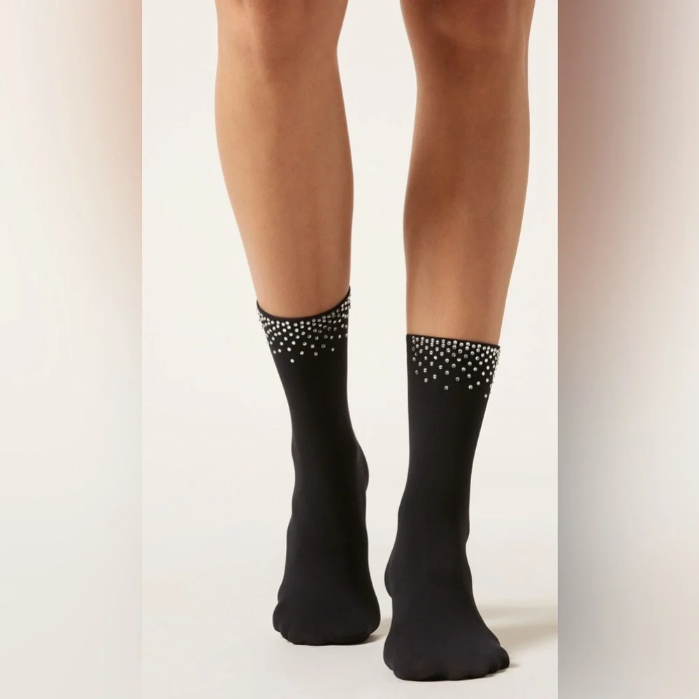 NWT Calzedonia Black Rhinestone Diamanté Ankle Socks One Size